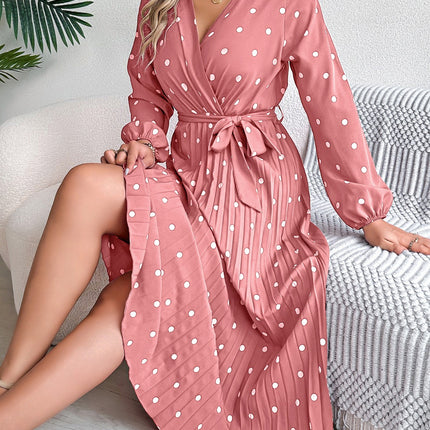Tied Polka Dot Long Sleeve Midi Dress