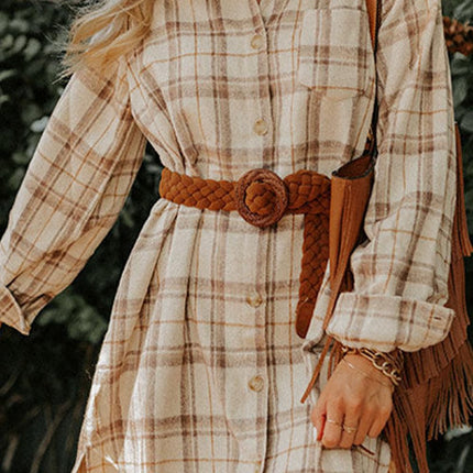 Plaid Collared Neck Long Sleeve Mini Shirt Dress