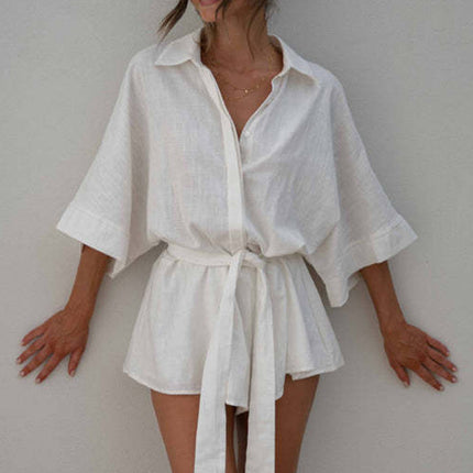 Tied Button Up Collared Neck Romper