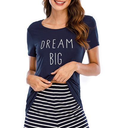 Graphic Round Neck Top and Striped Shorts Lounge Set