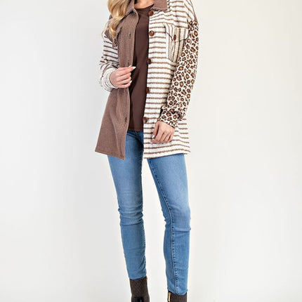 Celeste Full Size Leopard Contrast Button Up Shacket