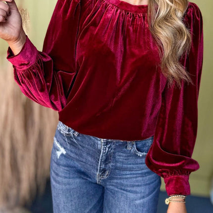 Ruched Round Neck Long Sleeve Blouse