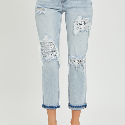 RISEN Mid-Rise Sequin Patched Jeans