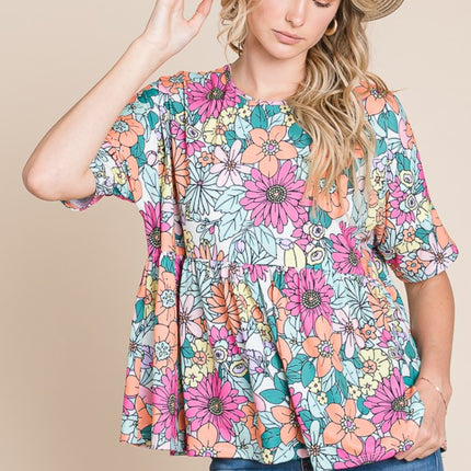 BOMBOM Floral Round Neck Short Sleeve Blouse