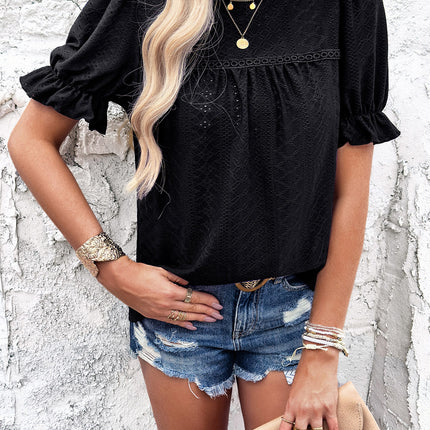 Eyelet Mock Neck Flounce Sleeve Blouse