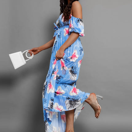 Pleated Floral Off-Shoulder Short Sleeve Midi Dress