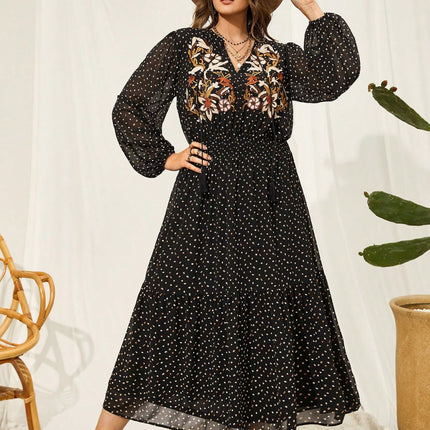 Plus Size Embroidered Tassel Balloon Sleeve Dress