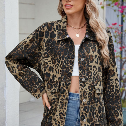 Leopard Button Up Drop Shoulder Denim Jacket