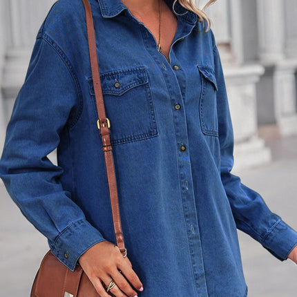 Collared Neck Dropped Shoulder Denim Top