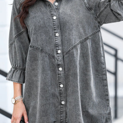 Distressed Collared Neck Flounce Sleeve Denim Dress