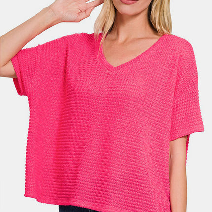 Zenana Drop Shoulder Short Sleeve Jacquard Knit Top