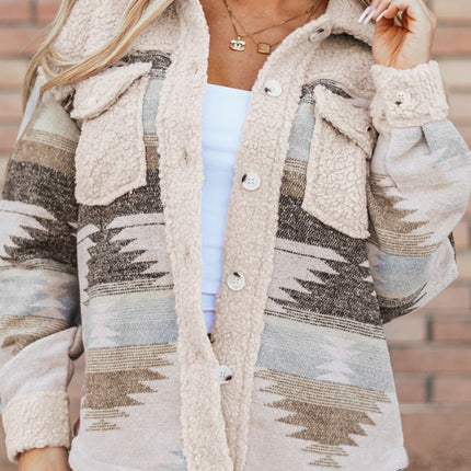 Geometric Button Up Long Sleep Fuzzy Jacket