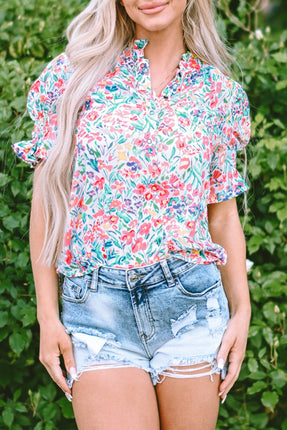 Printed Notched Short Sleeve Blouse