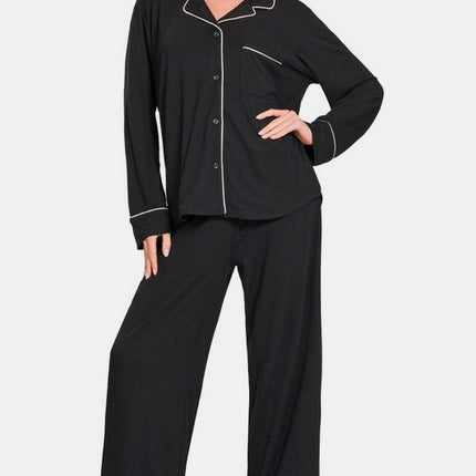 Zenana Button Down Long Sleeve Top and Pants Lounge Set