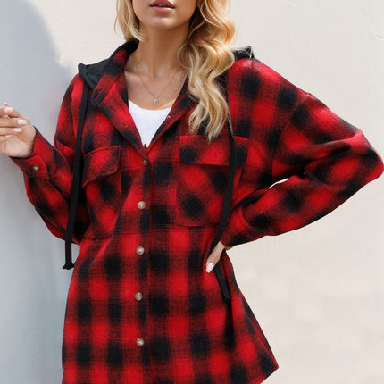 Drawstring Plaid Long Sleeve Hooded Shacket