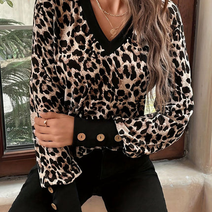 Decorative Button Leopard V-Neck Long Sleeve T-Shirt