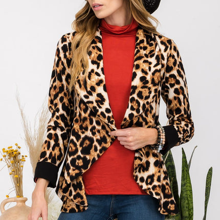 Celeste Full Size Leopard Open Front Long Sleeve Blazer