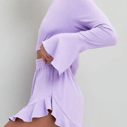 Round Neck Long Sleeve Top and Ruffled Shorts Set