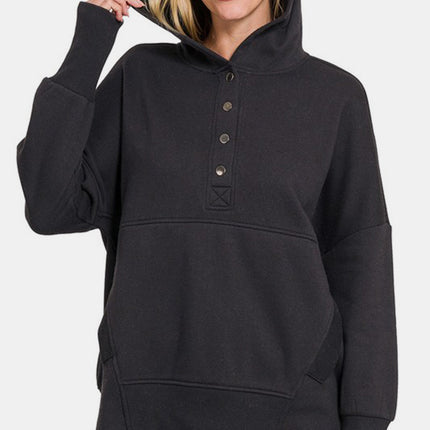 Zenana Half Snap Long Sleeve Hoodie with Kangaroo Pocket