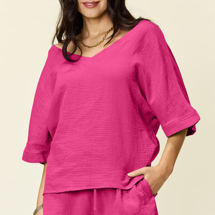 Double Take Texture Half Sleeve T-Shirt and Drawstring Shorts Set - Vickie Lynn's