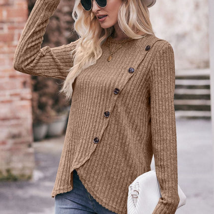 Double Take Ribbed Round Neck Buttoned Long Sleeve Tee