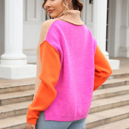 Double Take Color Block Turtleneck Slit Sweater