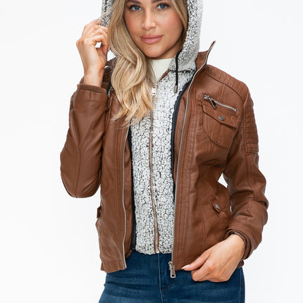 YMI Removable Faux Layered Multi-Pocket Jacket with Fuzzy Hood