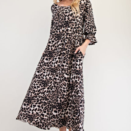 Celeste Full Size Leopard Round Neck Flounce Sleeve Dress