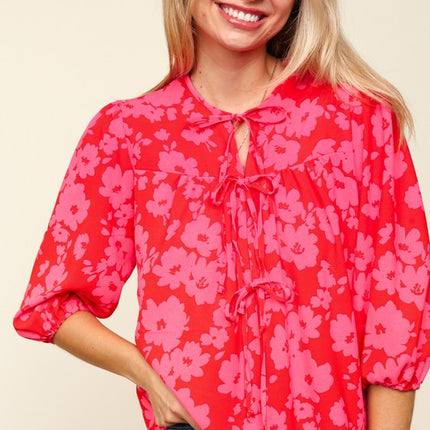 Haptics Full Size Ribbon Bow Floral Balloon Sleeve Blouse