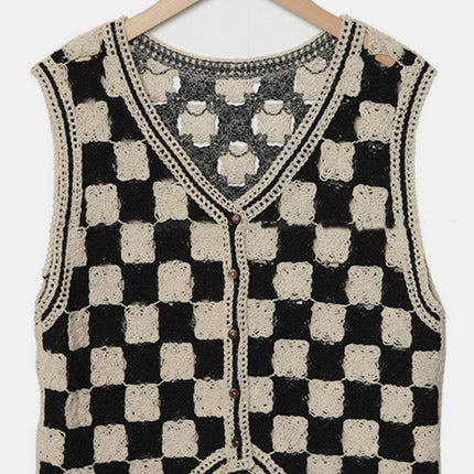 Crochet Checkered V-Neck Button Up Vest