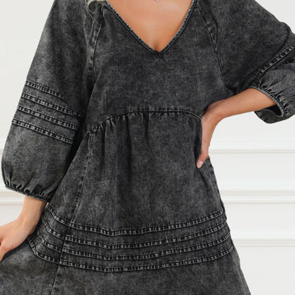 V-Neck Three Quarter Sleeve Denim Dress