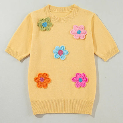 Flower Round Neck Short Sleeve Sweater