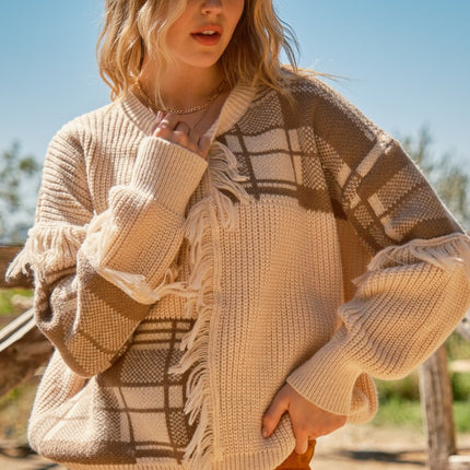 And The Why Plaid Pattern Color Block Fringe Sweater