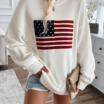 Devine US Flag Round Neck Long Sleeve Knit Top - Vickie Lynn's