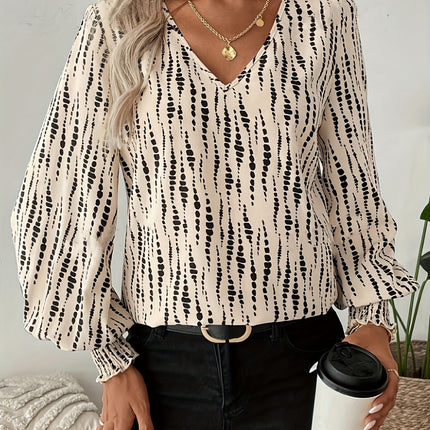 Printed V-Neck Lantern Sleeve Blouse