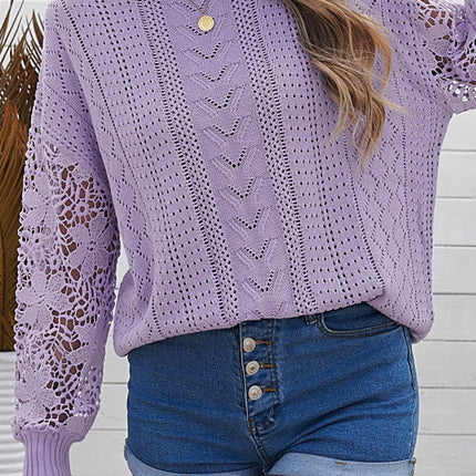 Openwork Round Neck Long Sleeve Sweater