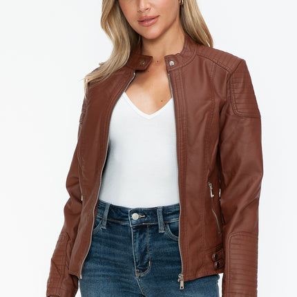 Snobbish Faux Leather Biker Jacket with Side Zip Pockets