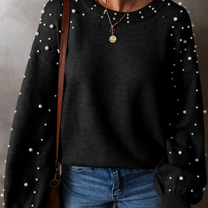 Pearl Detail Round Neck Long Sleeve Sweater