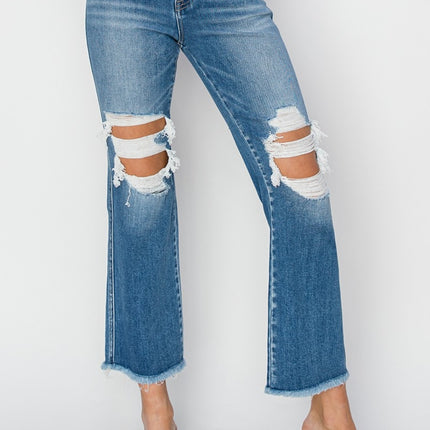 RISEN Mid Rise Distressed Cropped Flare Jeans