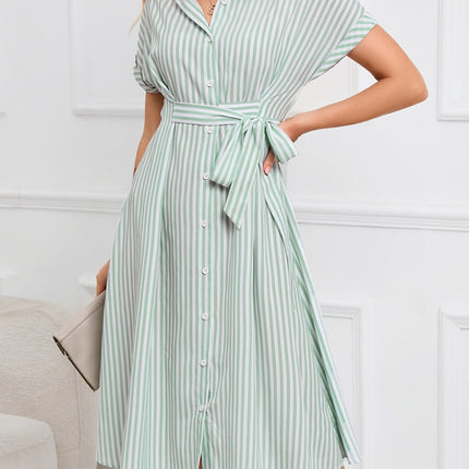 Striped Short Sleeve Tie Waist Midi Dress