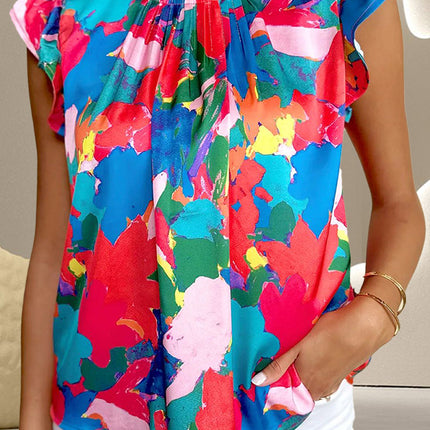 Ruffled Abstract Print Round Neck Cap Sleeve Blouse