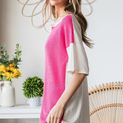 Heimish Full Size Contrast Waffle-Knit Half Sleeve Blouse