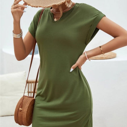 Notched Short Sleeve Mini Tee Dress