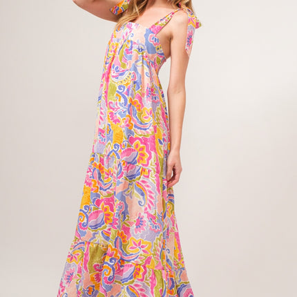 And The Why Full Size Printed Tie Shoulder Tiered Maxi Dress