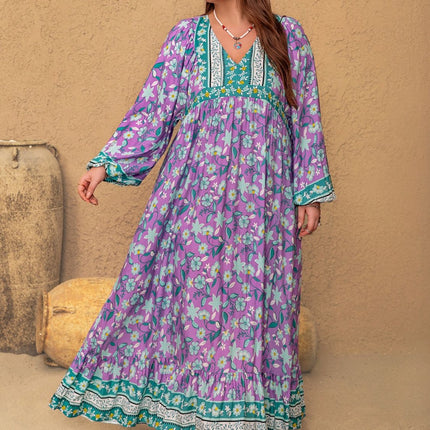 Plus Size Printed V-Neck Long Sleeve Maxi Dress