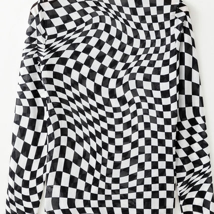 Checkered Mock Neck Long Sleeve Blouse