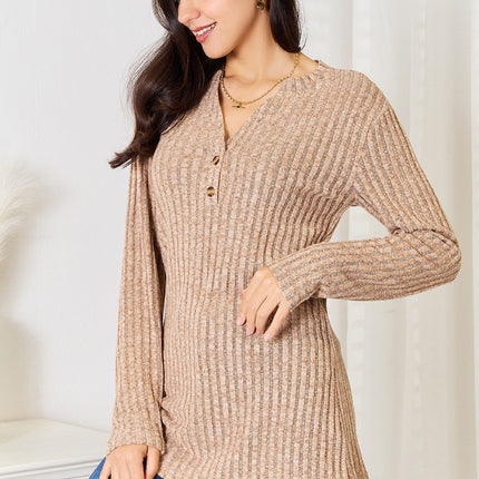 Double Take Notched Neck Ribbed Long Sleeve T-Shirt