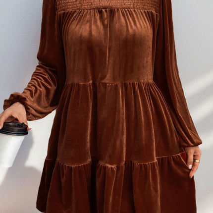 Perfee Tiered Ruched Mock Neck Long Sleeve Dress