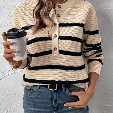 Perfee Striped Half Button Long Sleeve Sweater