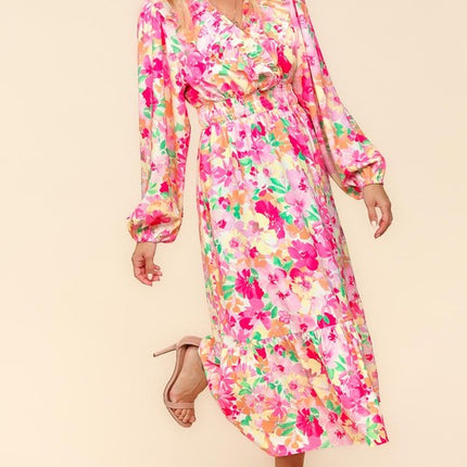 Haptics Full Size Floral Surplice Balloon Sleeve Dress with Side Pockets